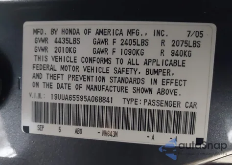 2005 Acura Tl from USA, damaged, VIN 19UUA65595A068841